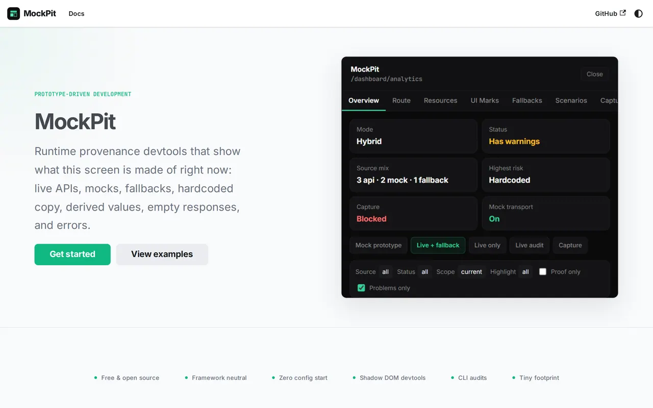 The MockPit docs homepage next to its devtools panel, which reports hybrid mode, the source mix and a blocked capture