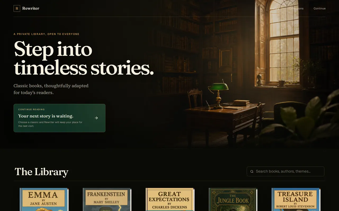Rewriter’s library page: a candlelit reading room with the line ‘Step into timeless stories.’ above a shelf of classic book covers